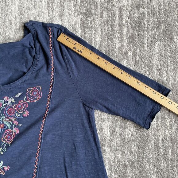 Mododoc Tunic Top Women Size L Blue Floral Boho Embroidered Side Hem Slit Cotton - Picture 12 of 14